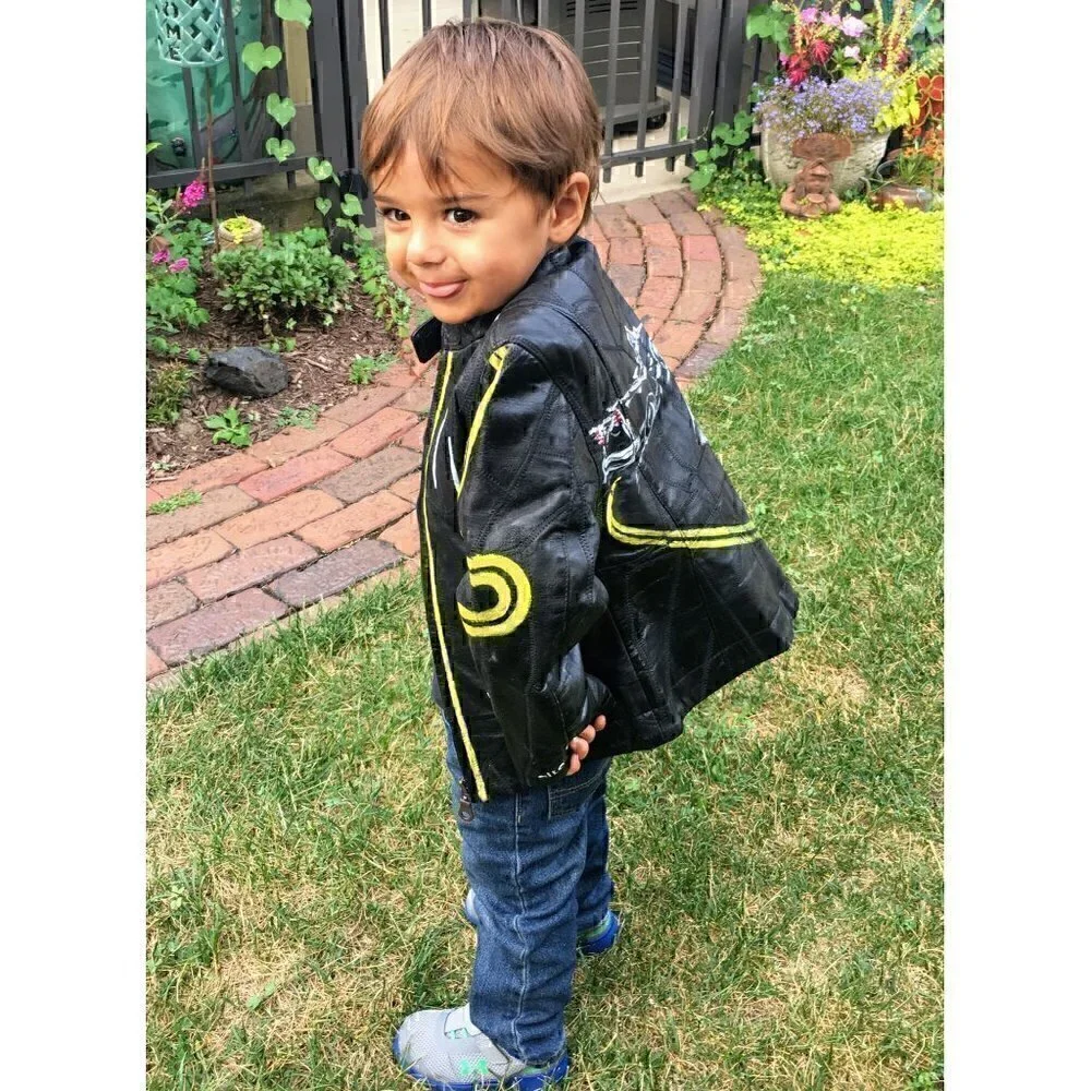 Vintage kids black leather patch zip-up jacket, yellow and white hand painted 4T